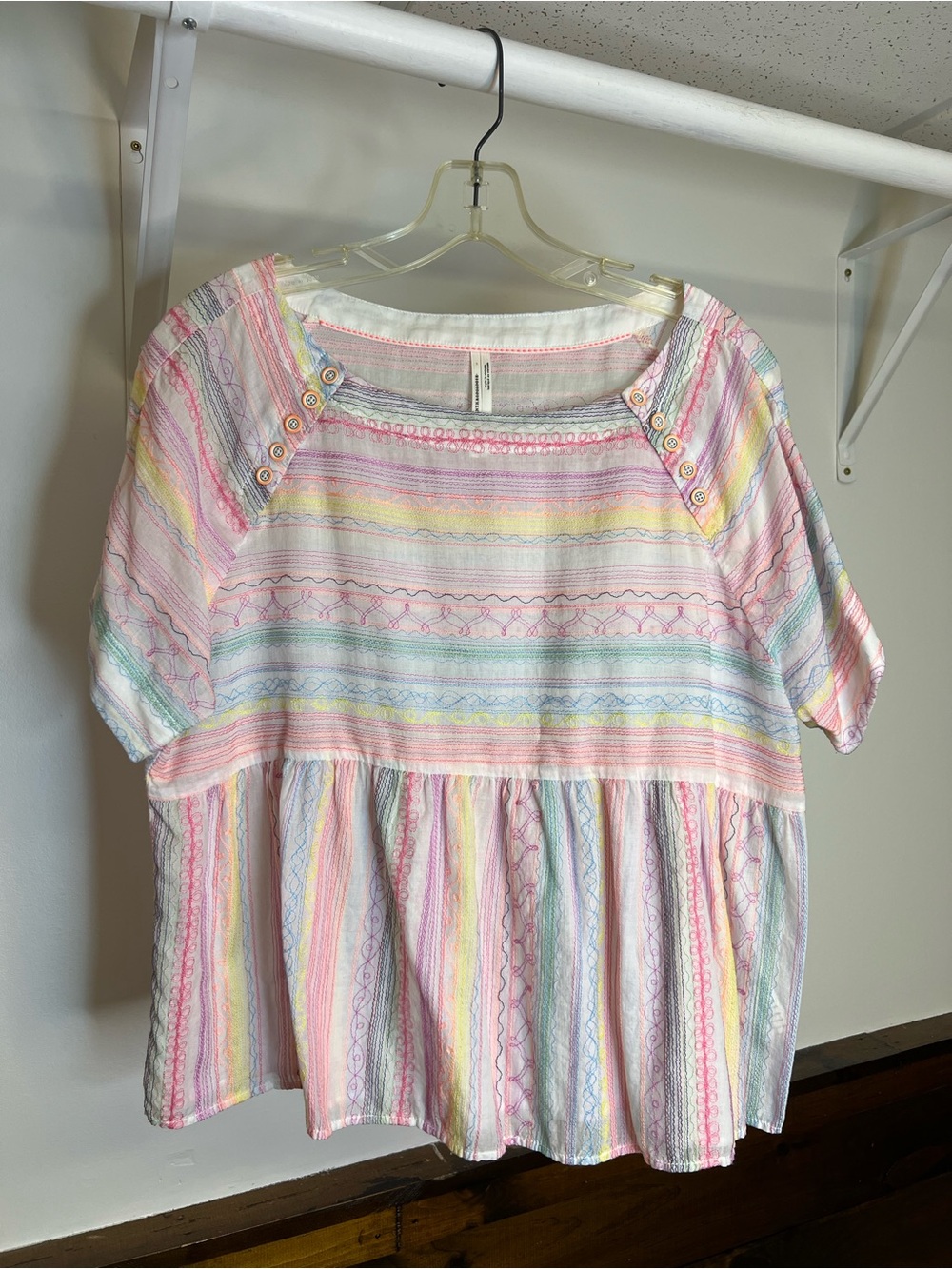 By Anthropologie Neon Multicolor Striped Peplum Top with Button Detail- S